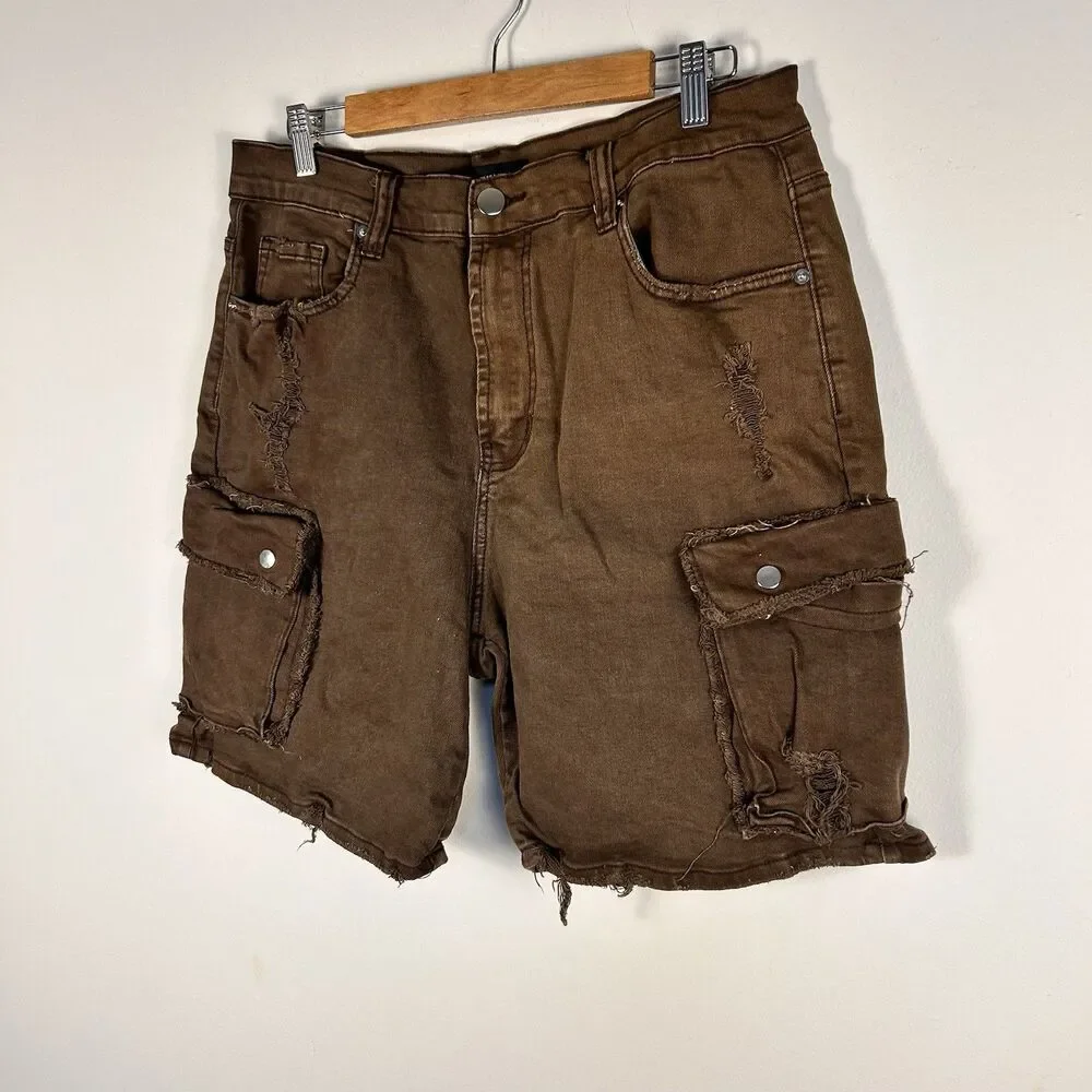Nova Men Brown Distressed Cargo Shorts Men’s 34 Streetwear Utility